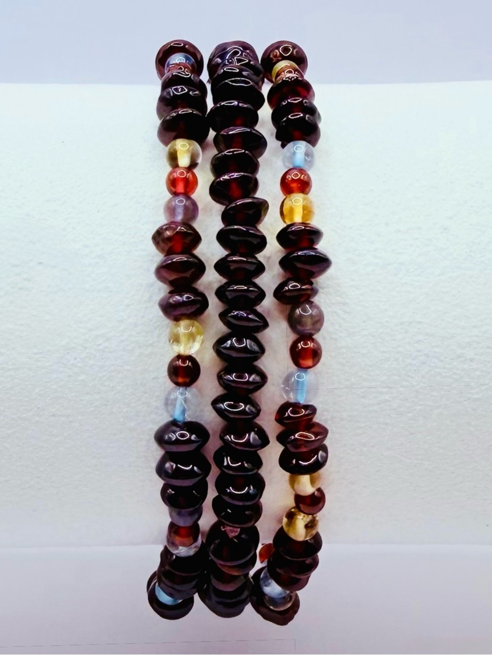 Three Garnet and Multi Semi-Precious Beads Stackable Stretch Bracelets